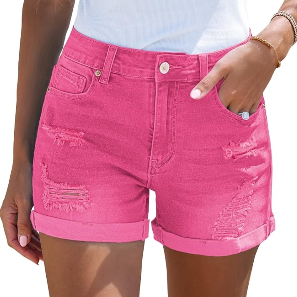 Trendy Pink Distressed Jean Shorts